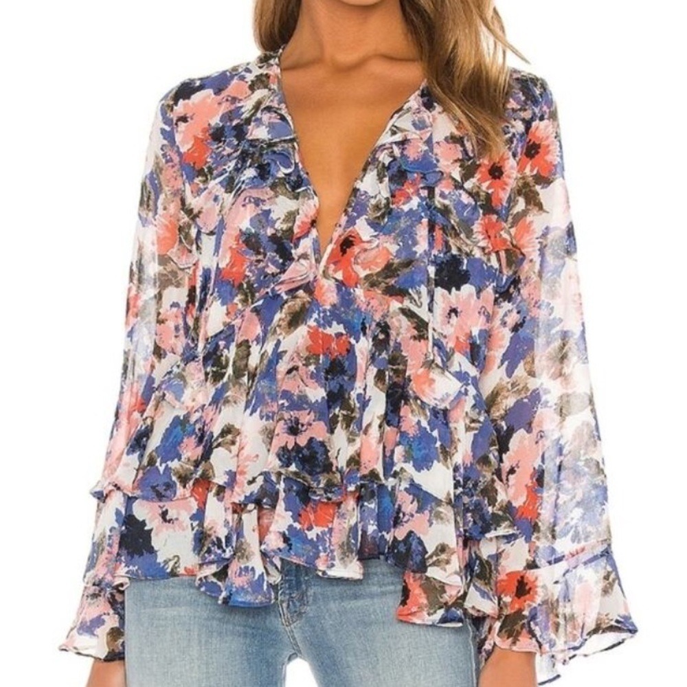 MISA Los Angeles Damaris‎ Floral Top Ruffle Bell Sleeve Blouse Medium Flowy